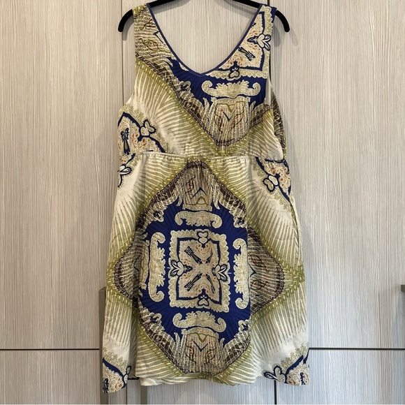 Anthropologie Edme & Esyllte Silk Kerchief Mini Dress – Blue/Green Geo – Large - Picture 3 of 14